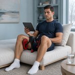Uomo usa KEGELFIT tra le cosce sul divano mentre guarda un tablet