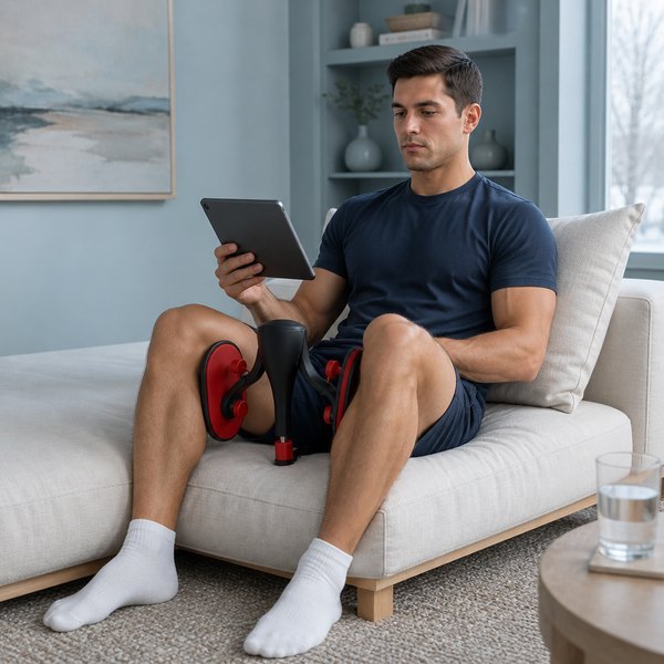 Uomo usa KEGELFIT tra le cosce sul divano mentre guarda un tablet